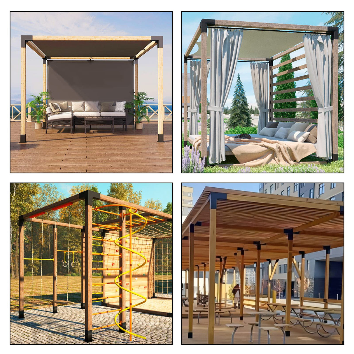 TROPTOLKY 4x4 Pergola Brackets Kit, 3-Way Powder-Coated Woodworks Corner Brackets, 1 Bracket Shoulders & 1 Wood Post Base, 2PCS Woodwork Pergola Kit Elevated Wood Stand Kit TROPTOLKY