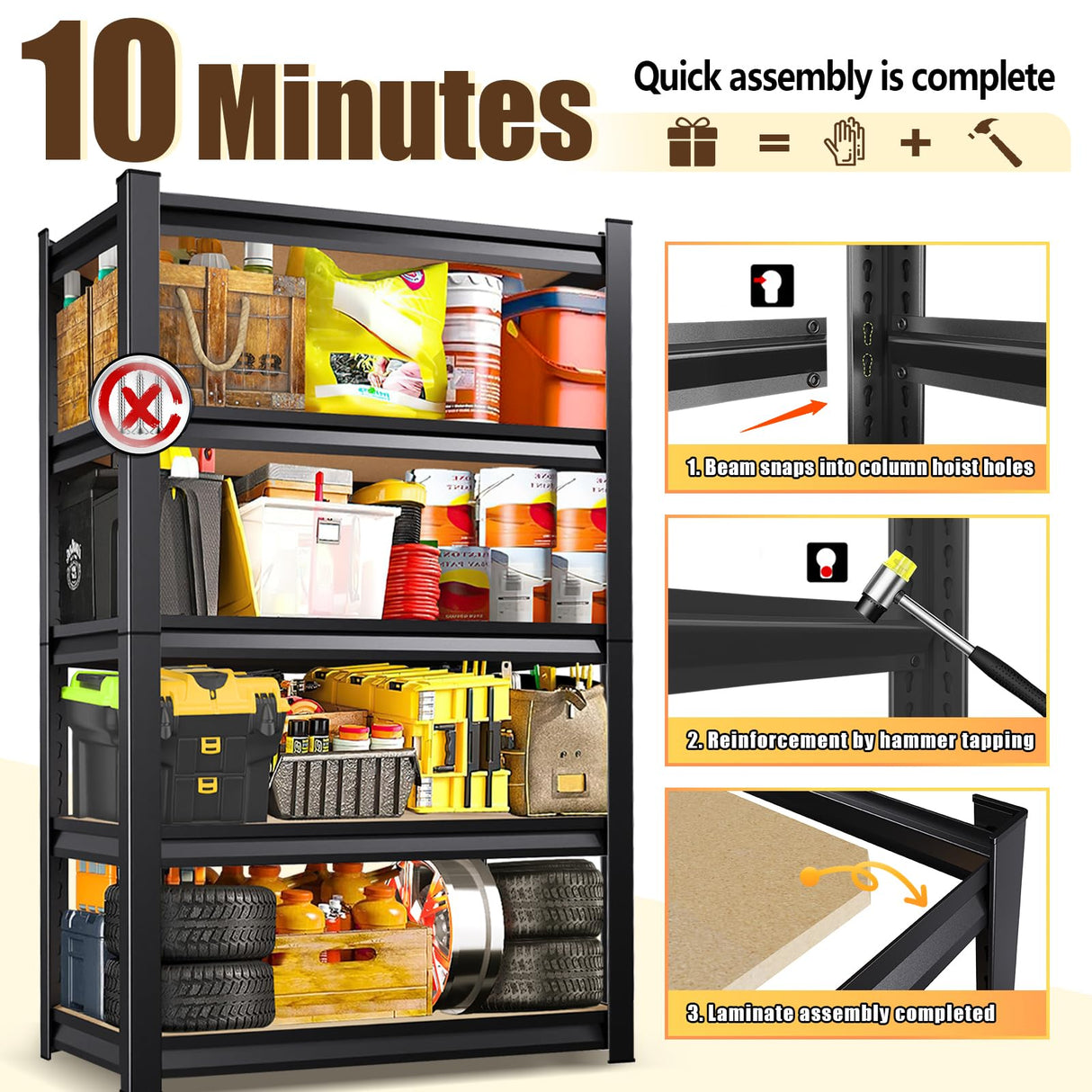 AOJUFEO 72" H/46''W Garage Shelving Heavy Duty 5-Tier Storage Shelves, 2500 lbs Adjustable Metal Shelving Unit, Utility Storage Rack Shelf for Garage, Basement, Pantry, Black 72''H x 45.7''W×20''D AOJUFEO