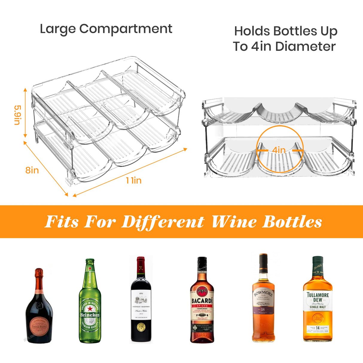 Plastic Stackable Wine Rack for Refrigerator, 2 Tier Large Capacity Water Bottle Organizer for Cabinet, Free-Standing Water Bottle Storage Rack for Fridge, Countertop, Pantry, Freezer, Hold 6 Bottles Noyhnuoch