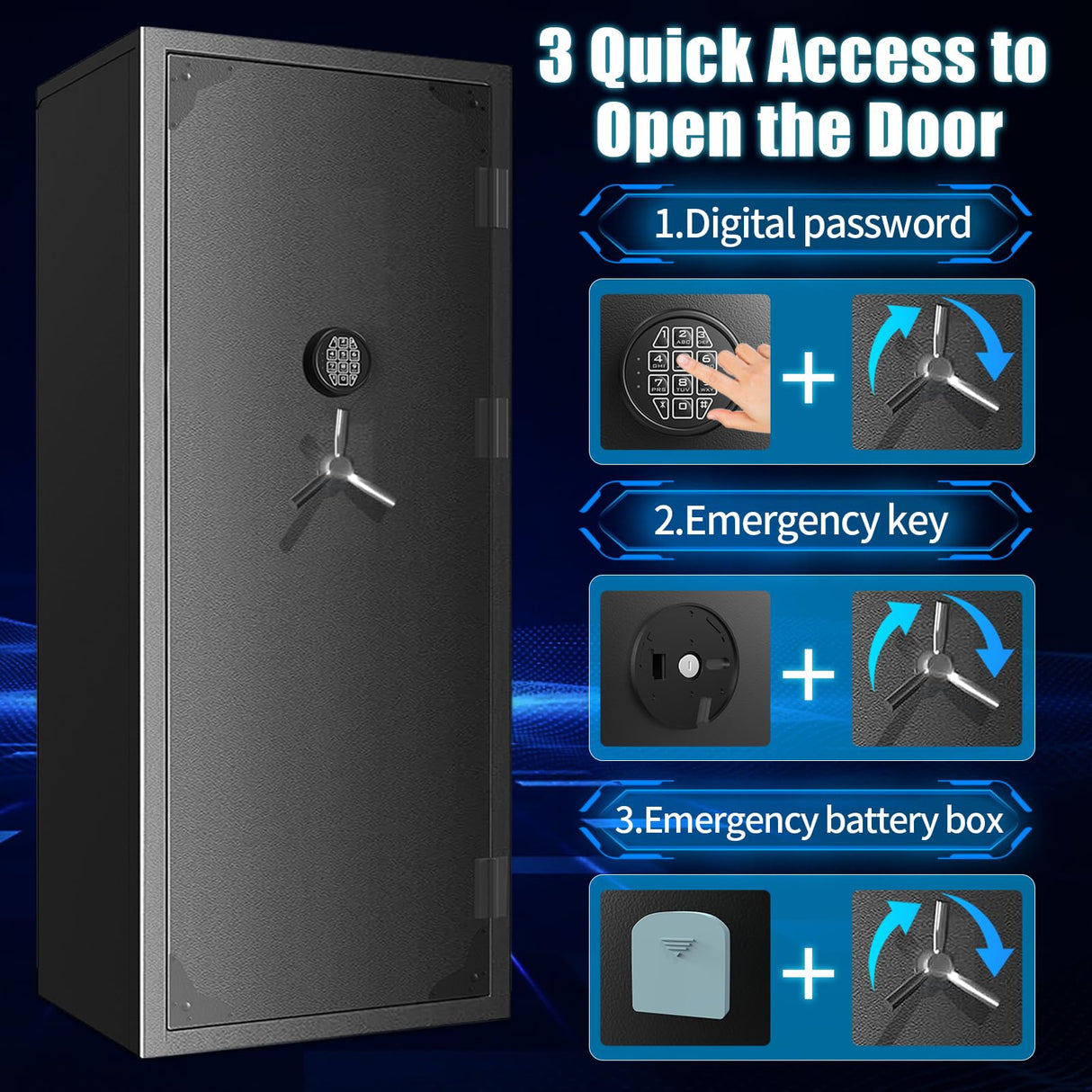 Large Rifle Safe, 30 Gun Safe for Rifle and Shotgun/Rifle Pistol Rack/Storage Pocket/Removable Shelf/Silent Mode/External Battery/LED/Key,180° Open Door Panel Organizer Unassembled Gun Cabinet Safe TTSITG