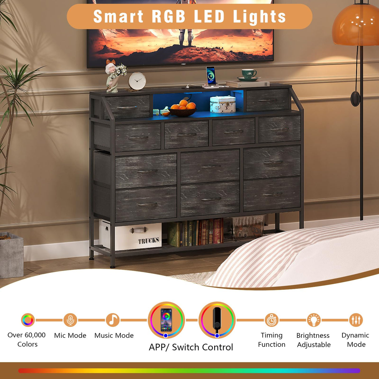 Welfuturer Dresser for Bedroom with 12 Drawers Black Dressers with Charging Station and LED Light 50 inch TV Stand Chest of Drawers with Shoe Rack and Open Shelf for Living Room Entryway Halfway Welfuturer