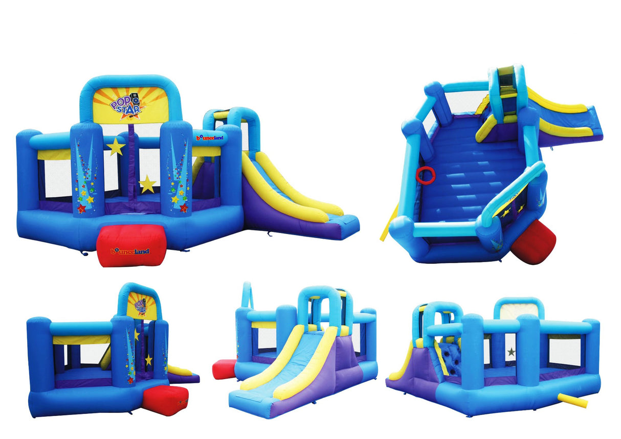 Bounceland Pop Star Inflatable Bounce House Bouncer, Large Bouncing Area with Long Slide, Climbing Wall, Basketball Hoop, UL 1HP Blower Included, 15 ft x 13 ft x 8.3 ft H, Pop Star Kids Party Theme Bounceland
