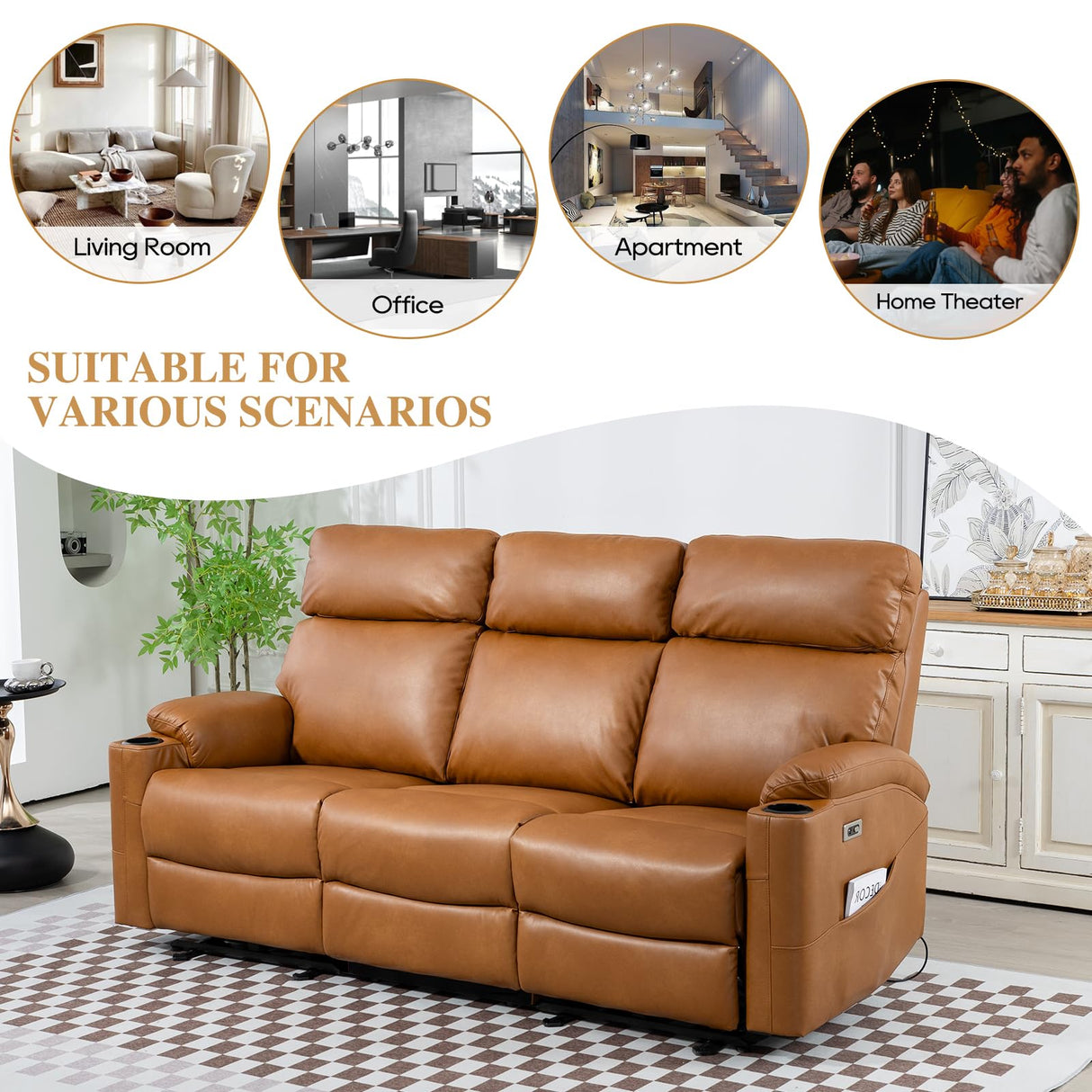 B BAIJIAWEI Power Reclining Sofa - 3 Seater Recliner Sofás, PU Leather Recliner Sofa, Home Theater Seating with Flipped Middle Backrest, Power Recliner Couch for Living Room(Brown) B BAIJIAWEI