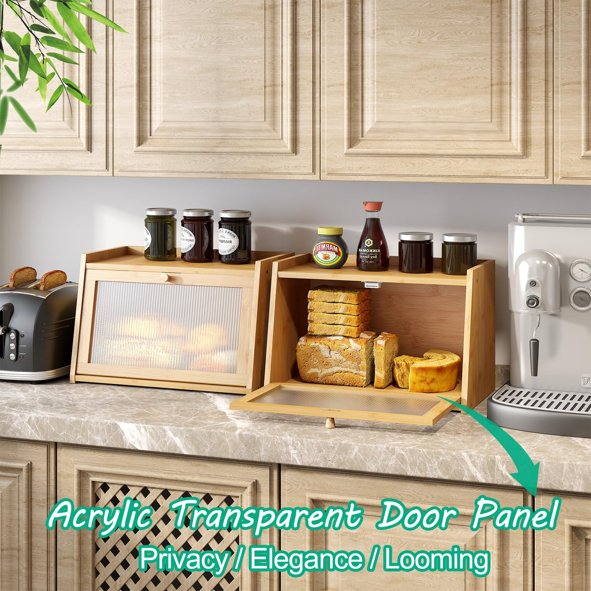 kiplant Bread Box for Kitchen Counter, Large Bamboo Bread Storage Container with Wavy Arcylic Transparent Door, Bamboo Wooden Farmhouse Bread Box for Your House (Natural) kiplant