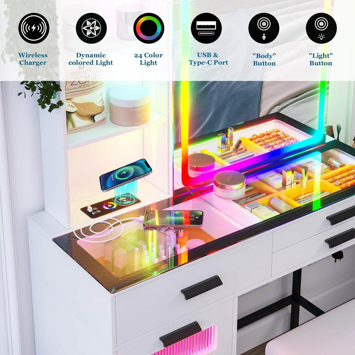 WOOVIVS RGB Vanity Desk with Sliding Mirror and Lights, LED Makeup Vanity with Charging Station/Motion Sensor Light, Glass Top Vanities Dressing Table Set with Jewelry Box,6 Drawers,Stool (White) WOOVIVS