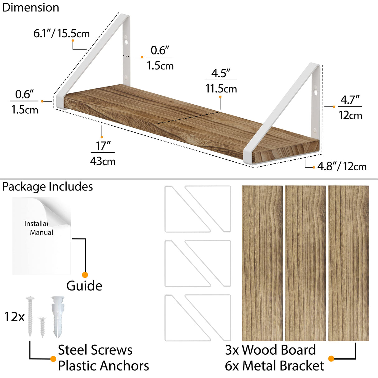 Wallniture Ponza Floating Shelves for Wall Bathroom Shelves Wall Mounted Set of 3, Burned Finish Wood Shelves with White Shelf Brackets Wallniture
