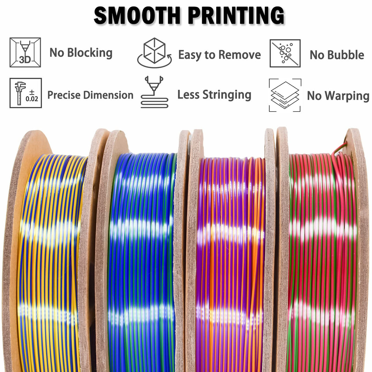 PLA Filament 1.75mm, Tri-Colors 3D Printer Filament, Rainbow PLA Filament Bundle, Coextrusion 3D Filament with Silk PLA Color Change, 3D Printing Filament +/-0.02mm, 200g X 4 Spool OVVNYXE
