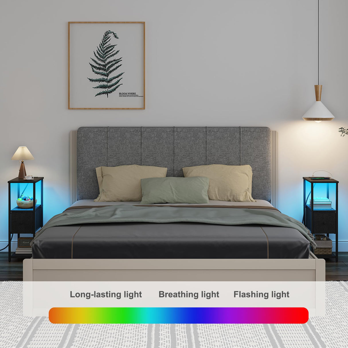 TUTOTAK Small Narrow LED End Table with Charging Station, Side Table Outlets, Nightstand with Cloth Drawer, Set of 2, Couch Table, for Living Room, Bedroom, Bedside, Black TB01BK059 TUTOTAK