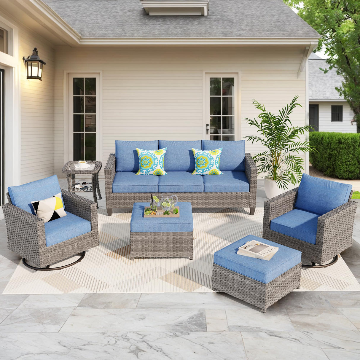 ovios Patio Furniture Set, 6 Piece Outdoor Wicker Sofa with Swivel Rocking Chairs and Comfy Cushions, High Back Rattan Couch Conversation Set, Denim Blue ovios