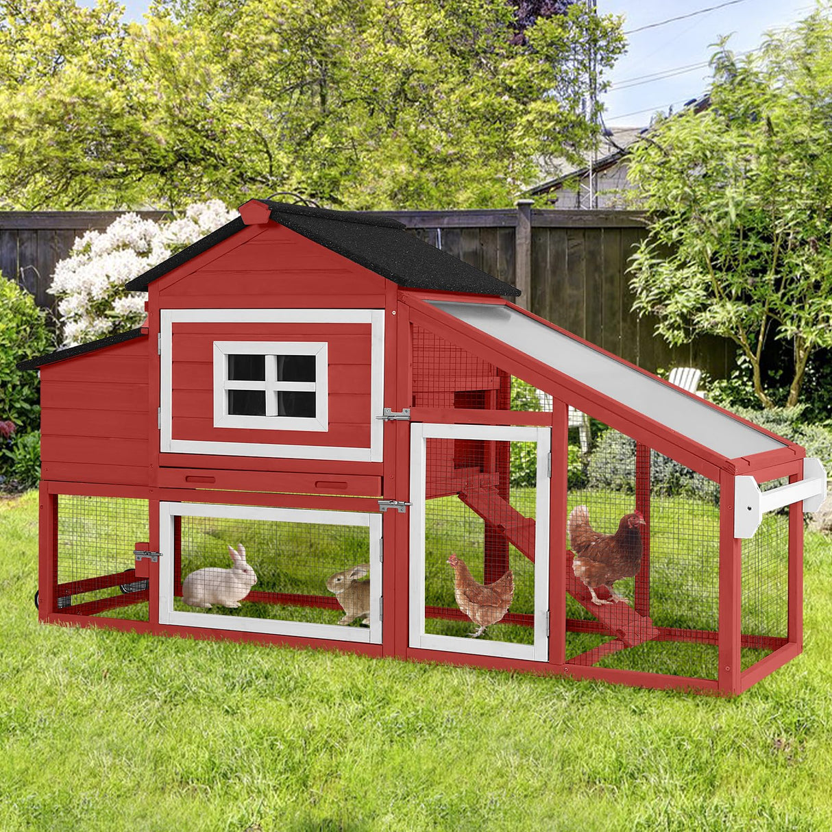 Chicken Coop, Mobile Chicken House with with Wheels, Outdoor Hen House Poultry Cage with Nesting Box, Leakproof Pull Out Tray and UV-Resistant Roof,Rabbit Hutch Duck Coop (Red) Suumerpety