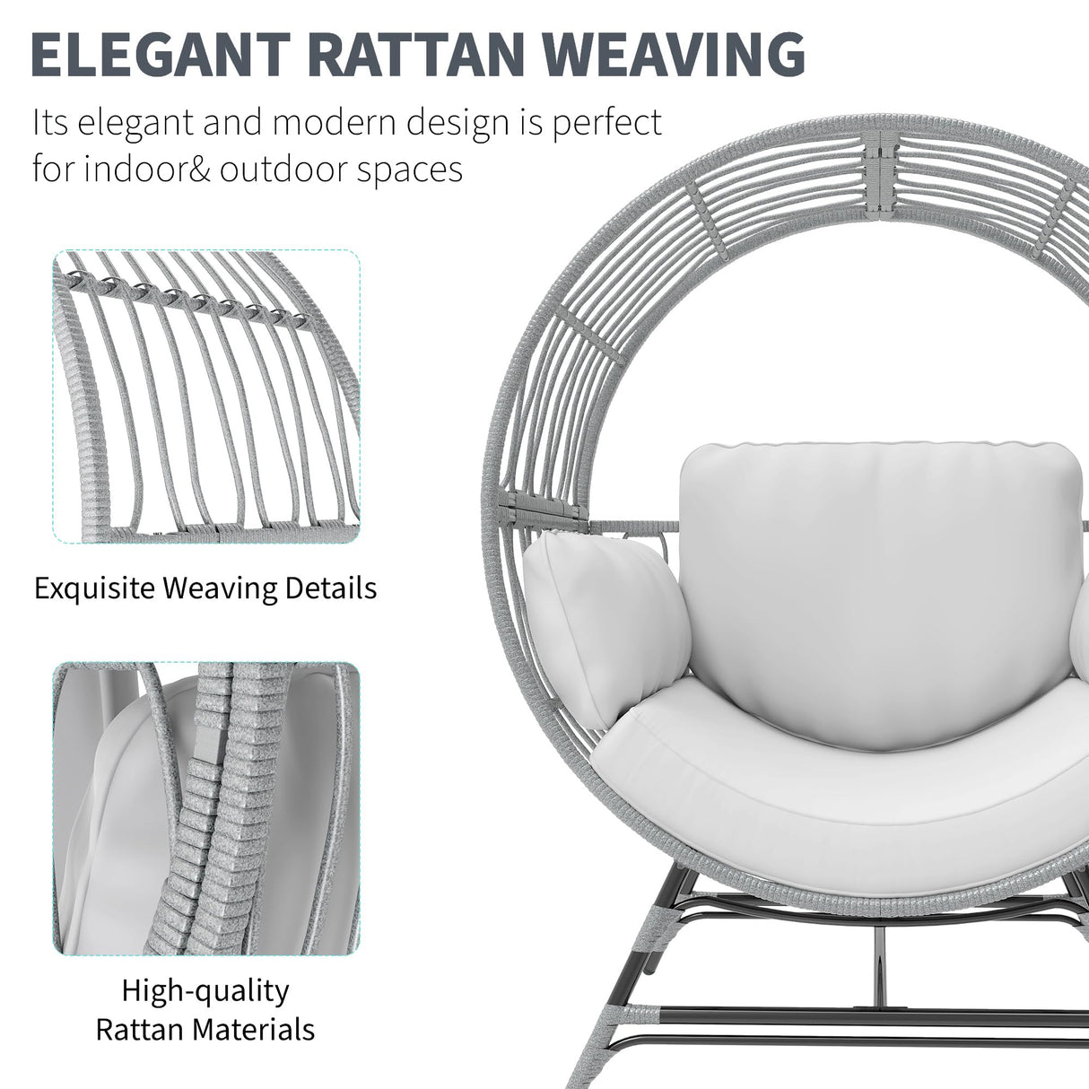 Fancyango Egg Chair Outdoor Indoor, Oversized Rattan Chair with Thicken Cushion, 510LBS Capacity Wicker Patio Lounge Chair, Basket Chair for Living Room Balcony Porch Backyard, Grey/Light Grey Fancyango