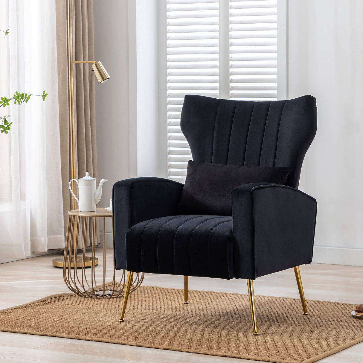 chairus Wingback Velvet Accent Chair, Modern Living Room Armchair Comfy Upholstered Single Sofa Chair for Bedroom Dorms Reading Reception Room with Gold Legs & Small Pillow, Black chairus
