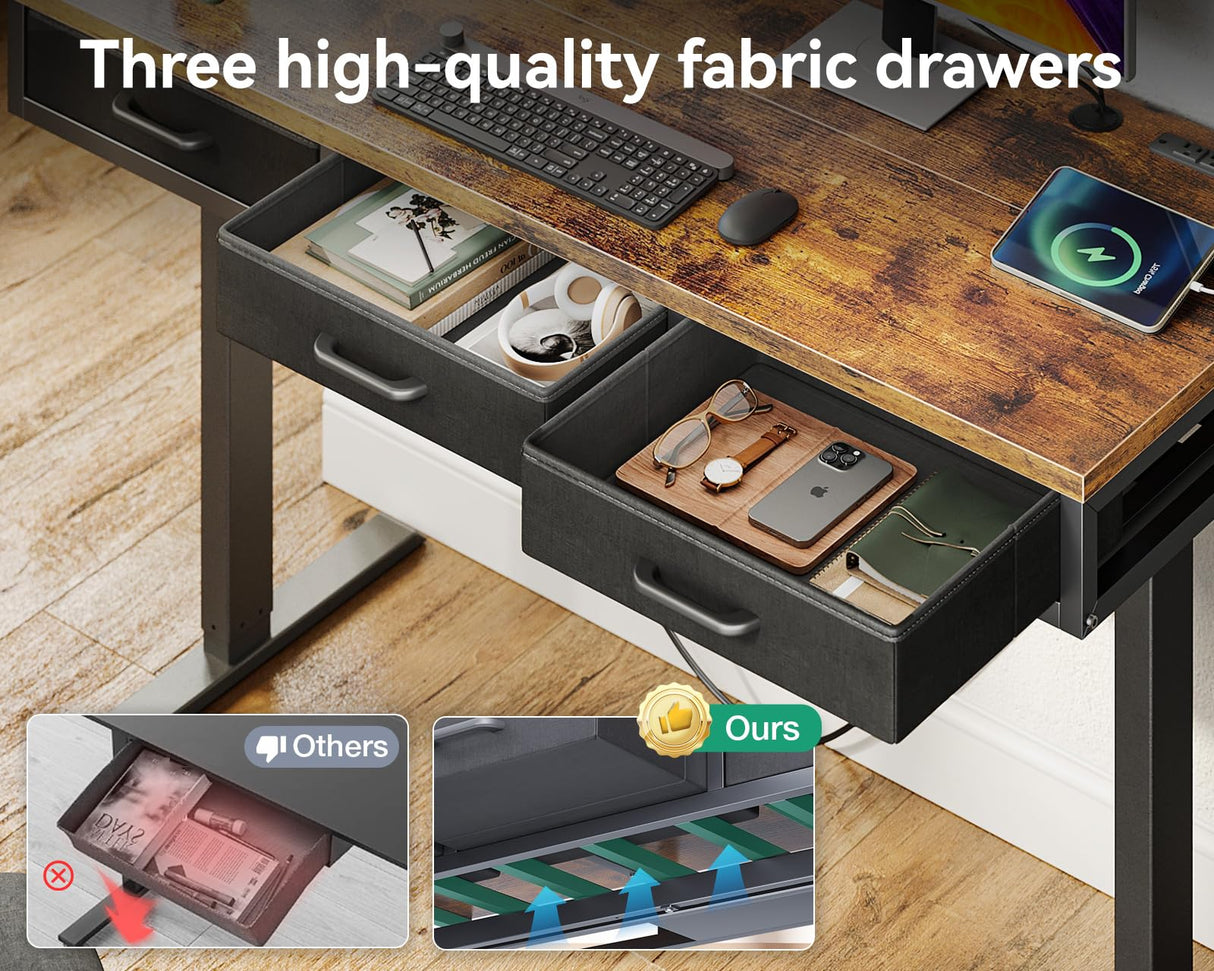 AODK Electric Standing Desk with Drawers, Height Adjustable Desk with Power Outlets & LED Lights, Stand Up Desk with 3 Drawers, Sit Stand Home Office Desk Computer Workstation, 47 Inch AODK