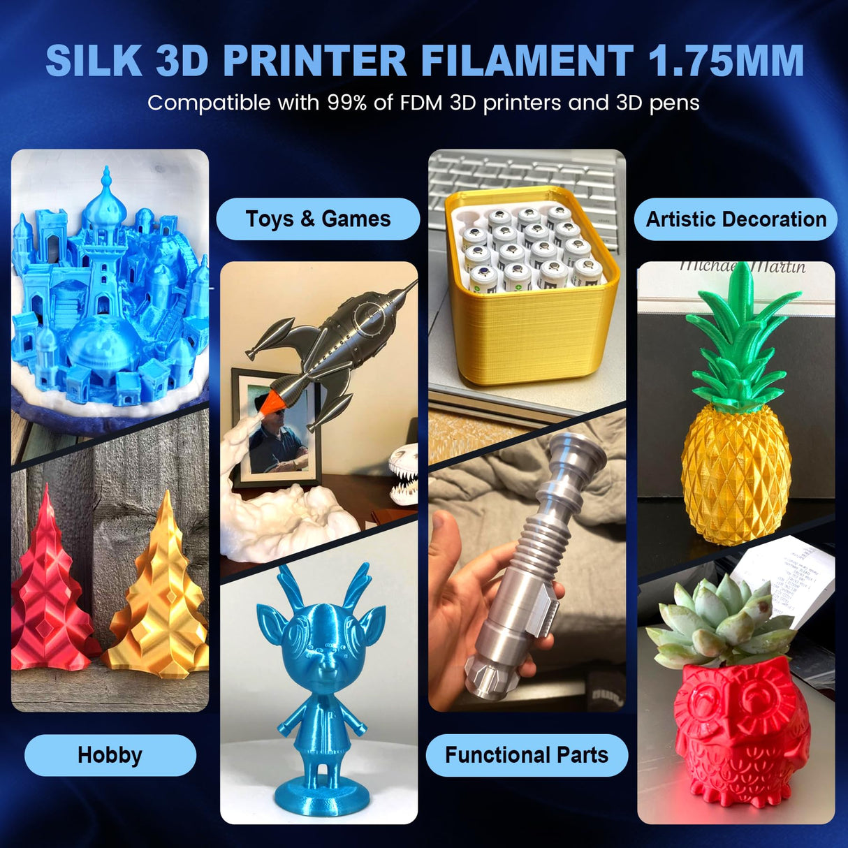 JAYO Silk PLA Filament Bundle 1.75mm, Silk 3D Printer Filament Bundle Multicolor, Individually Vacuum Packed, 8 Pack, Shiny Silk 2KG in Total, Light Gold+Silver+Black+Blue+Red+Green+Orange+Pink JAYO