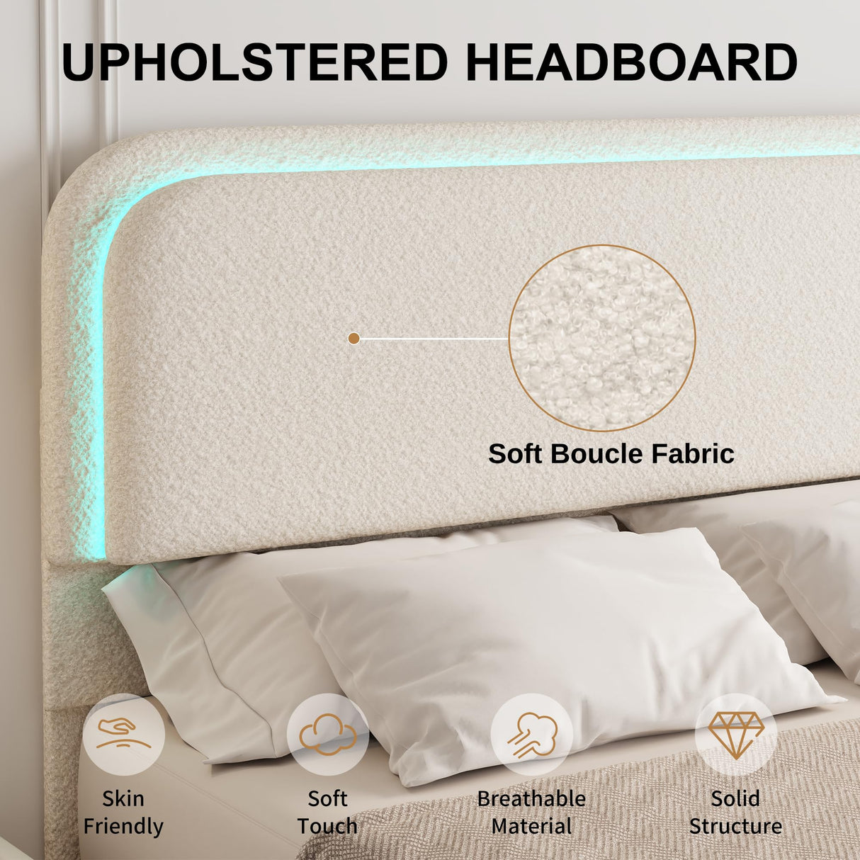 Full Bed Frame, Soft Teddy Fleece Upholstered Platform Bedframe with Thickened Rounded Corners Headboard Footboard, Modern Curved Shaped Cloud Bed Frame with LED Lights, No Box Spring Needed, Cream SIBEDS