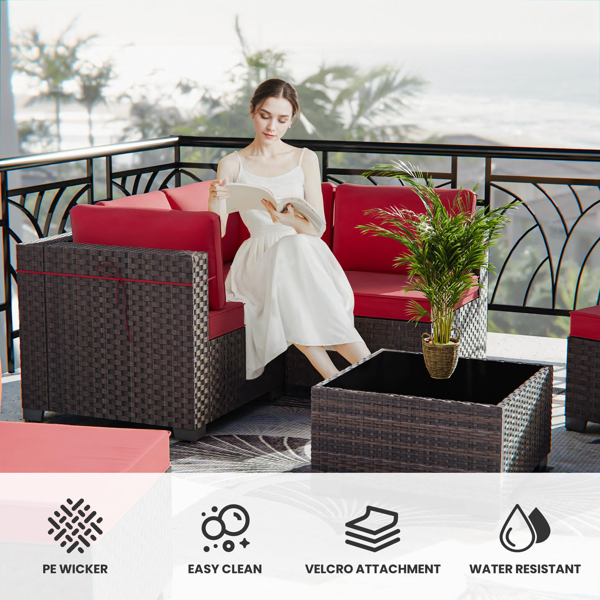 RTDTD 11 Pieces Outdoor Patio Furniture Set Outdoor Furniture Patio Sectional Sofa Conversation Sets w/ETL Approved 45" Gas Outdoor Fire Table & Coffee Table, Swivel Rocking Chair (Red) RTDTD