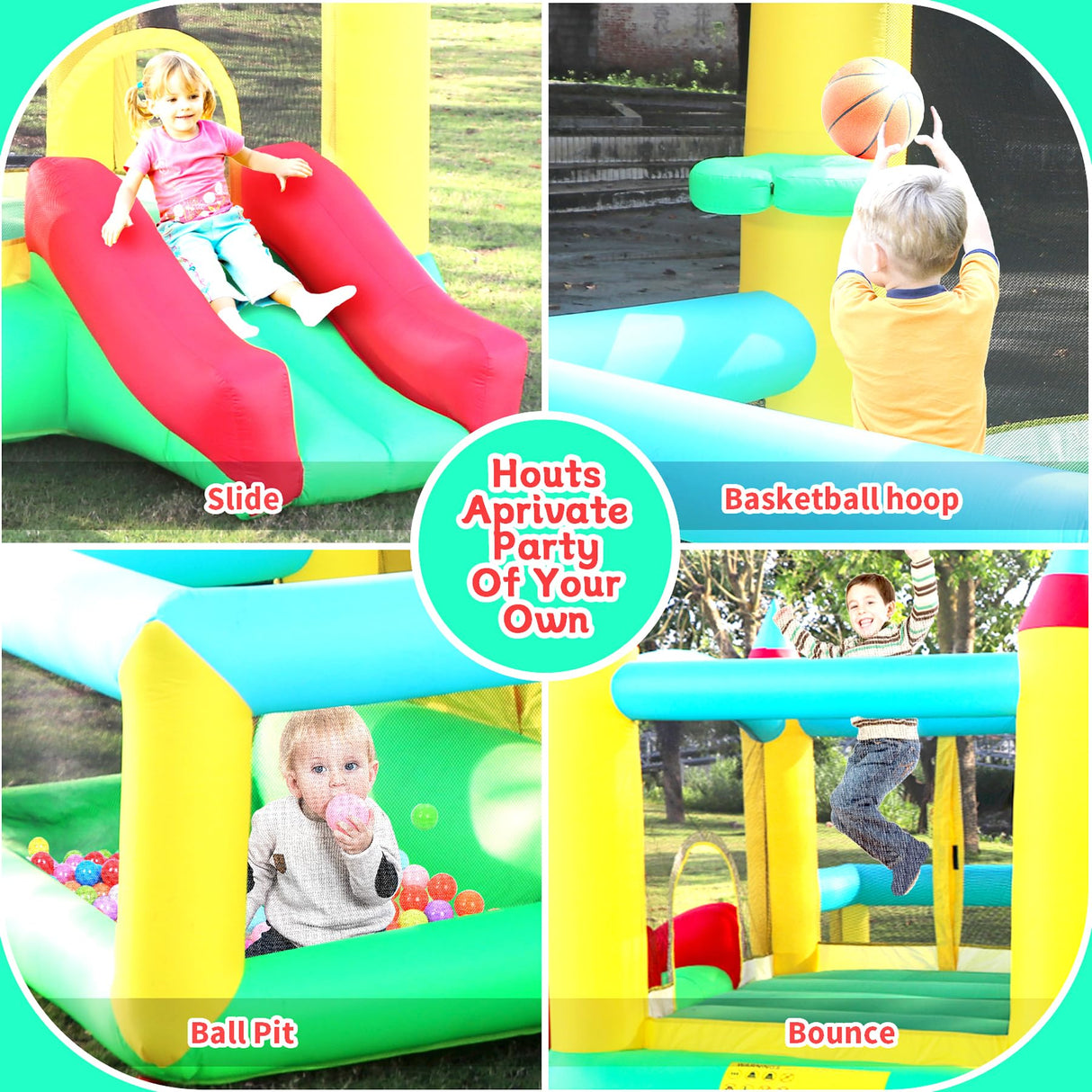 WELLFUNTIME Inflatable Bounce House with Slide, 107x106x80 Inch, Jumping Castle with Blower and Ball Pool, Basketball Game WELLFUNTIME