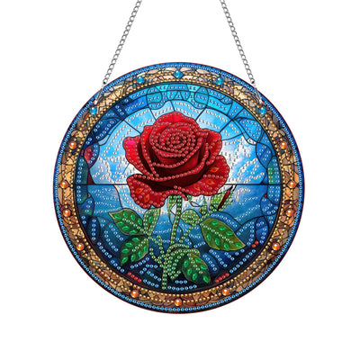Kaliosy Sun Catcher Red Rose Window Hanging Ornament Diamond Art Ornament - Diamond Painting Flower Acrylic Ornament, Outdoor Porch Spring Decor, Front Door Sign Wall Art for Home Garden 8x8 inch