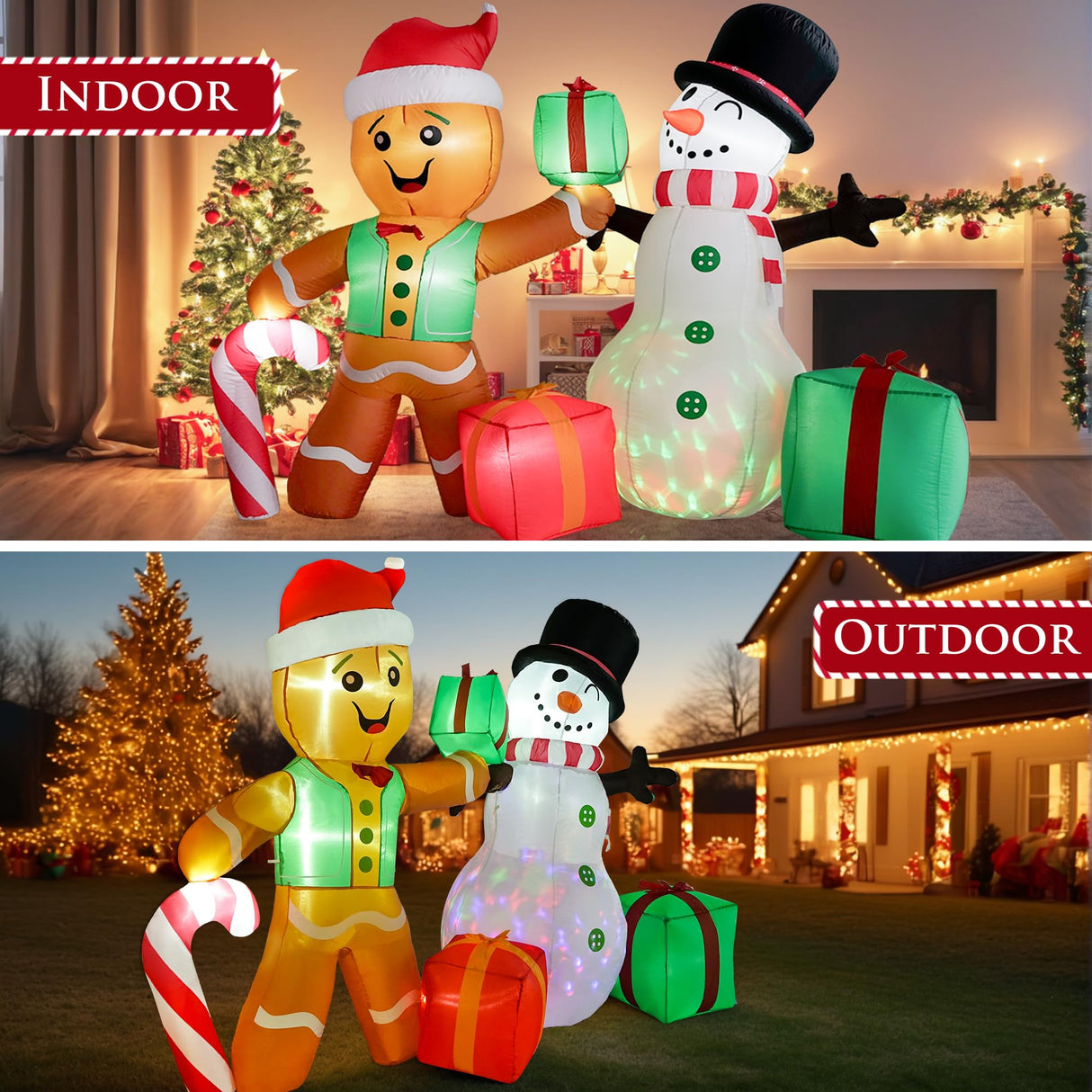 COOLWUFAN 6 FT Christmas Decorations Outdoor Inflatables Gingerbread Man Snowman Blow Up Yard Decor, Outdoor Inflatables Decorations with Rotating LED Light for Garden Patio Lawn Holiday Party Xmas COOLWUFAN