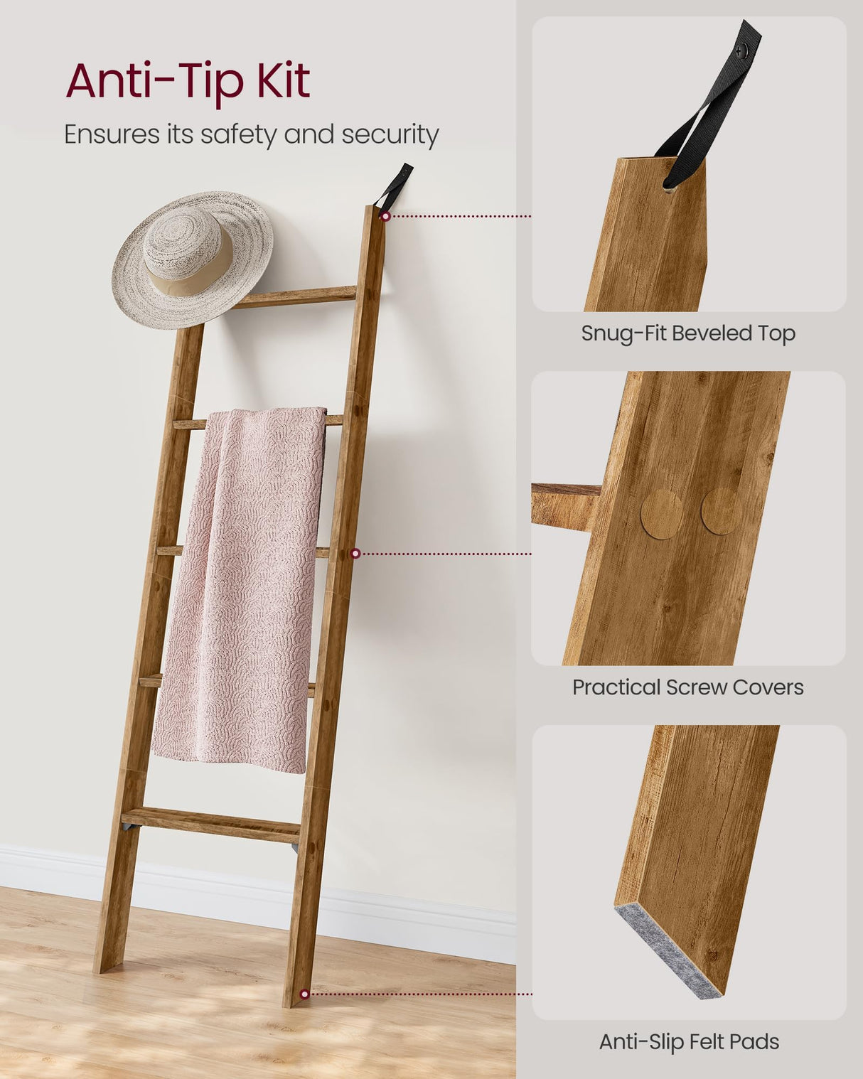 VASAGLE Blanket Ladder Decorative Farmhouse for The Living Room, 5-Tier Ladder Shelf, Ladder Rack for Storage and Decor, Honey Brown ULLS018K41 VASAGLE