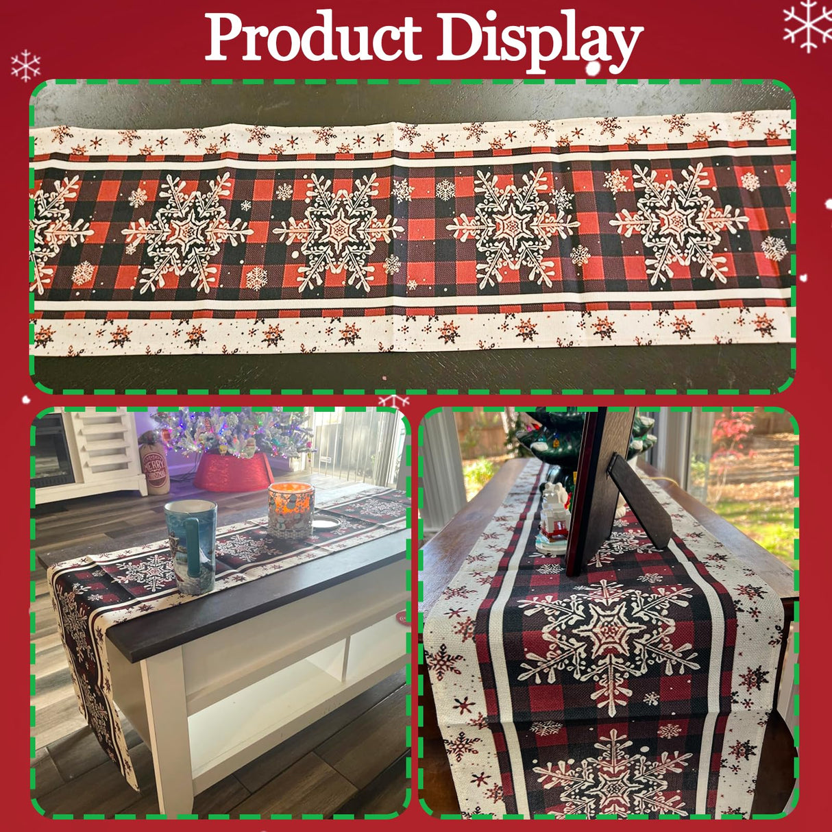 Niviy Snowflakes Christmas Table Runner with Buffalo Plaid, Winter Xmas Holiday Kitchen Dining Table Decoration for Indoor Outdoor Home Party Decor 13 x 72 Niviy