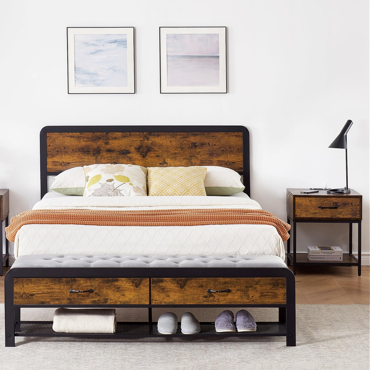 SLEKVERSA Queen Bed Frame with Headboard and Storage Ottoman, Farmhouse Platform Bed Frame Queen Size with Sturdy Metal Slats, No Box Spring Needed, Noise Free, Easy Assembly SLEKVERSA
