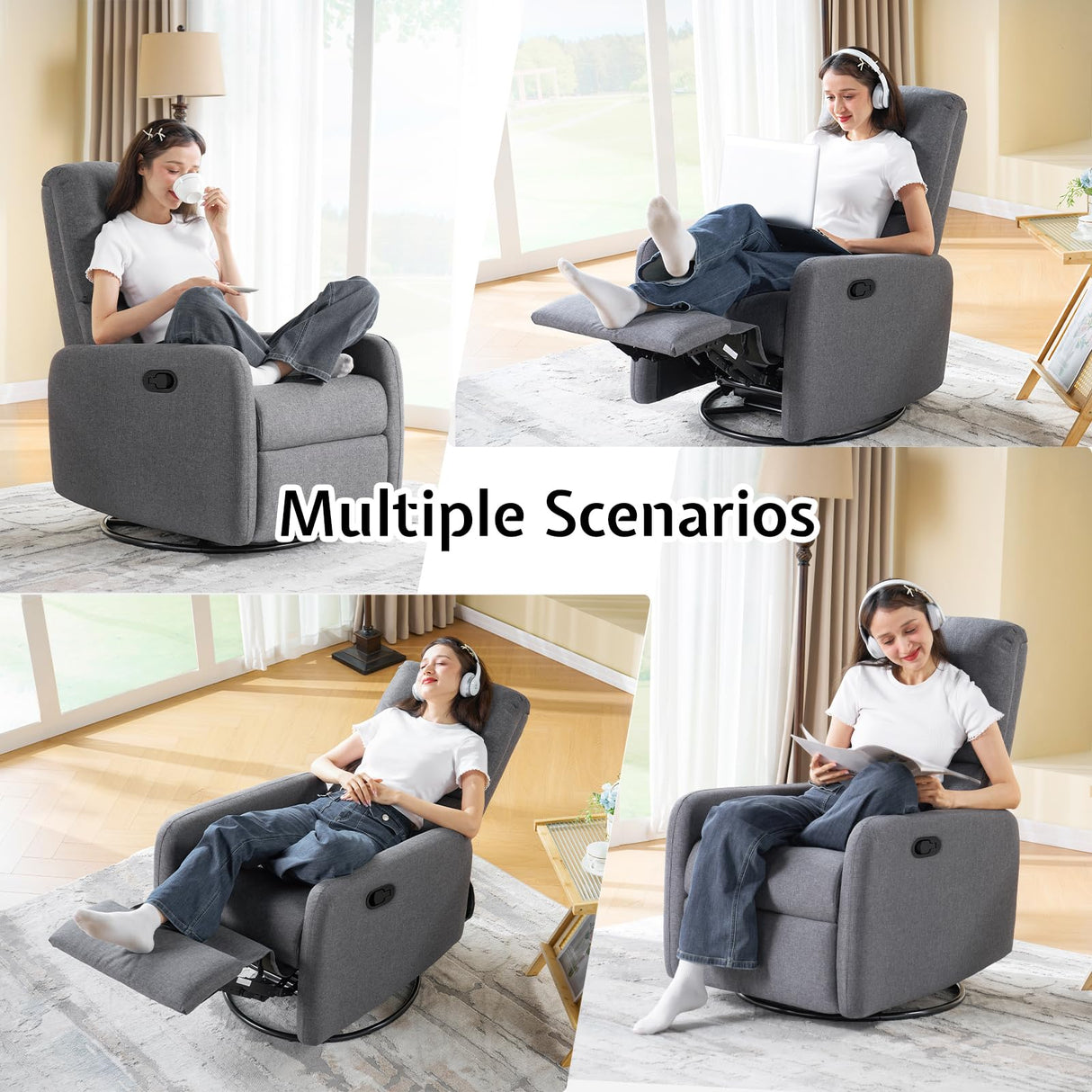 Jocisland Swivel Rocker Recliner Chair for Adults, Nursery Rocking Reclining with High Back, Small Glider for Small Spaces/Living Room/Bedroom/Nursing, Gray Linen Jocisland