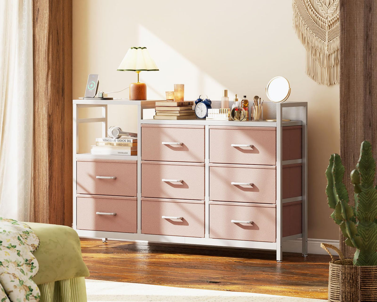 Casaottima Dresser for Bedroom with Charging Station, 52" Long Dresser with 8 Storage Drawers, Large Fabric Dressers Chests of Drawers with Shelves, Pink Casaottima