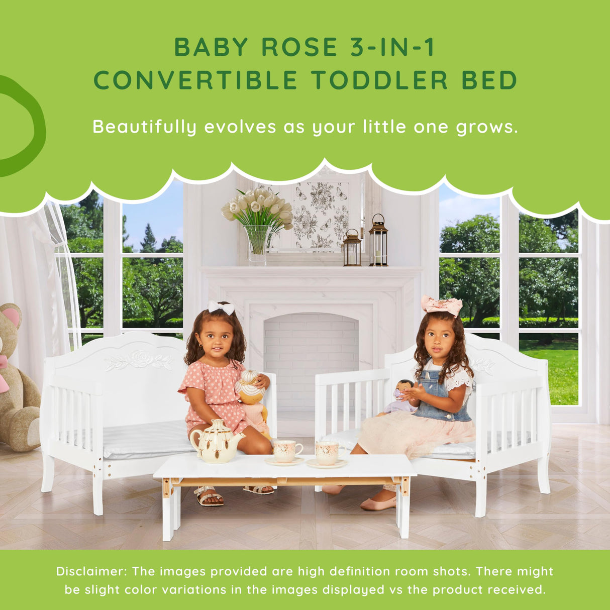 SweetPea Baby Rose 3-in-1 Convertible Toddler Bed in White, Greenguard Gold Certified, JPMA Certified, Safety Rails, Made of Sustainable New Zealand Pinewood Sweetpea Baby