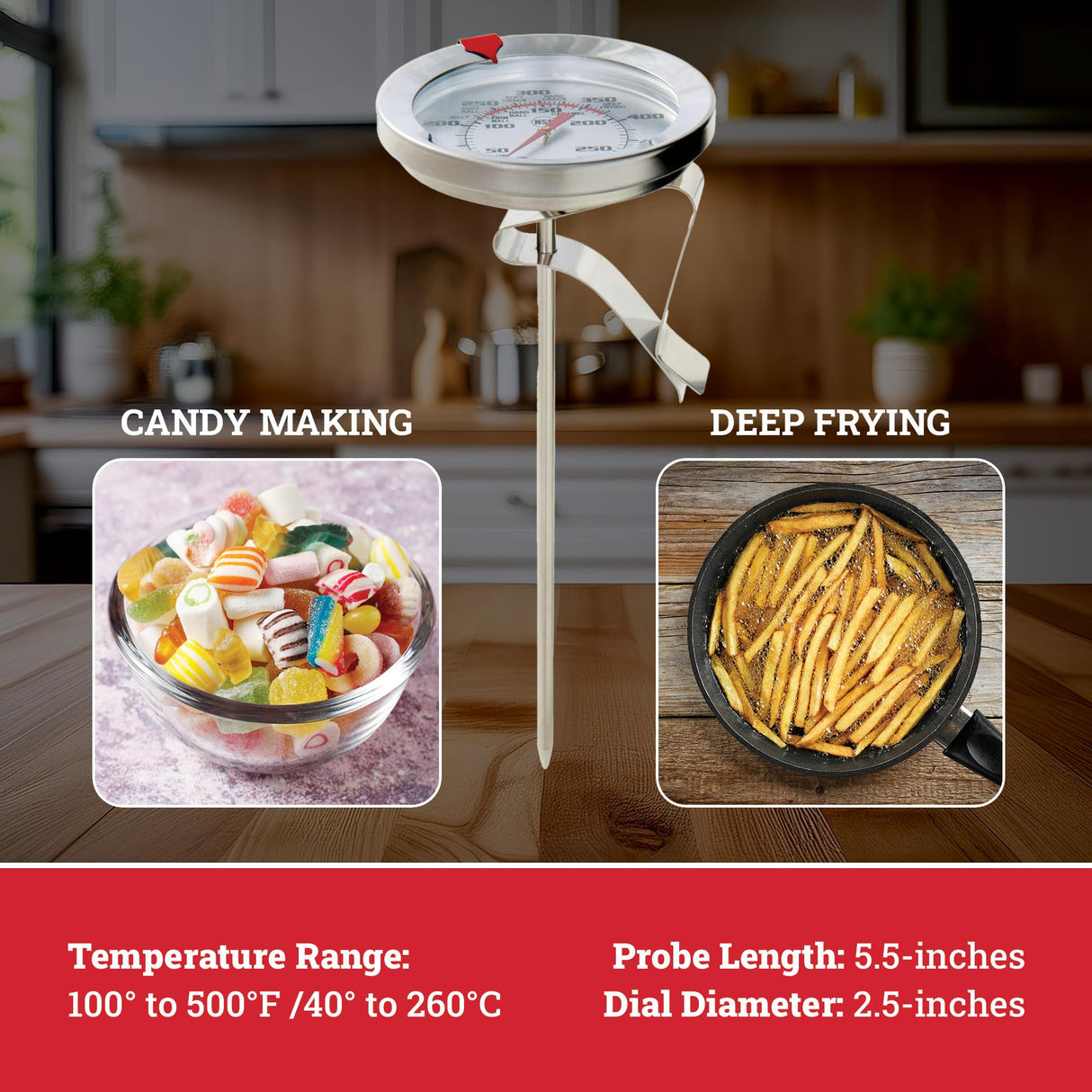 Escali AHC1 Stainless Steel Deep Frying and Candy Thermometer with Pot Clip, 5-Inch Probe with Candy Temperature Zones, NSF Certified Escali