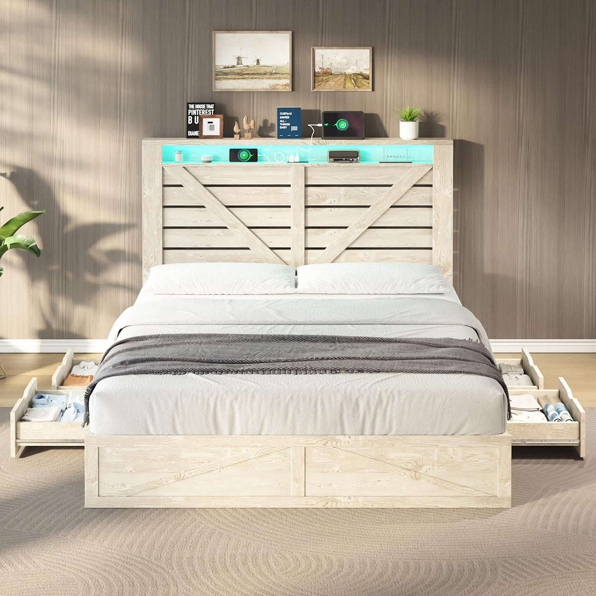 AMERLIFE Farmhouse Bed Frame with 4 Drawers & 4 Open Storage Space, Queen Size Storage Bed with LED Light & Charging Station, Wooden Slats, Noise Free, Rustic White AMERLIFE