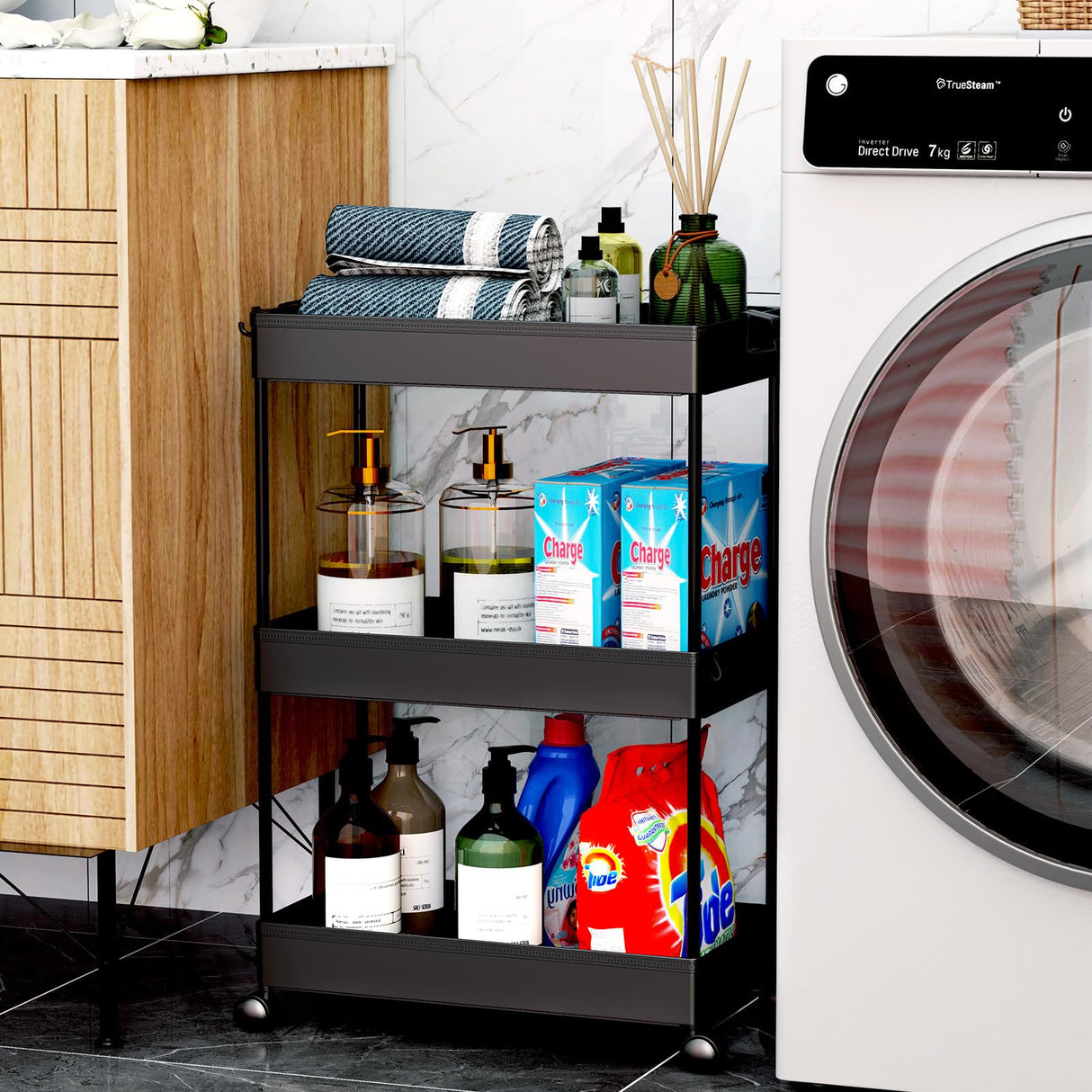 SPACEKEEPER Storage Rolling Cart 3 Tier, Laundry Room Organization Bathroom Cart Organizer Utility Mobile Shelving Unit Multi-Functional Shelves for Office, Kitchen, Black SPACEKEEPER