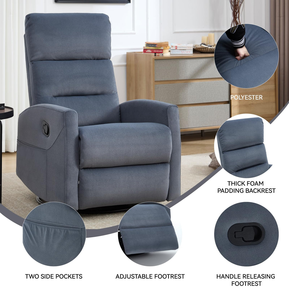 PELUMY Manual Recliner Chair with 360° Swivel & Rocking, Fabric Recliner for Living Room, Bedroom, Nursery, No Tools Assembly, 155° Recline, Compact for Small Spaces(Blue Grey) PELUMY