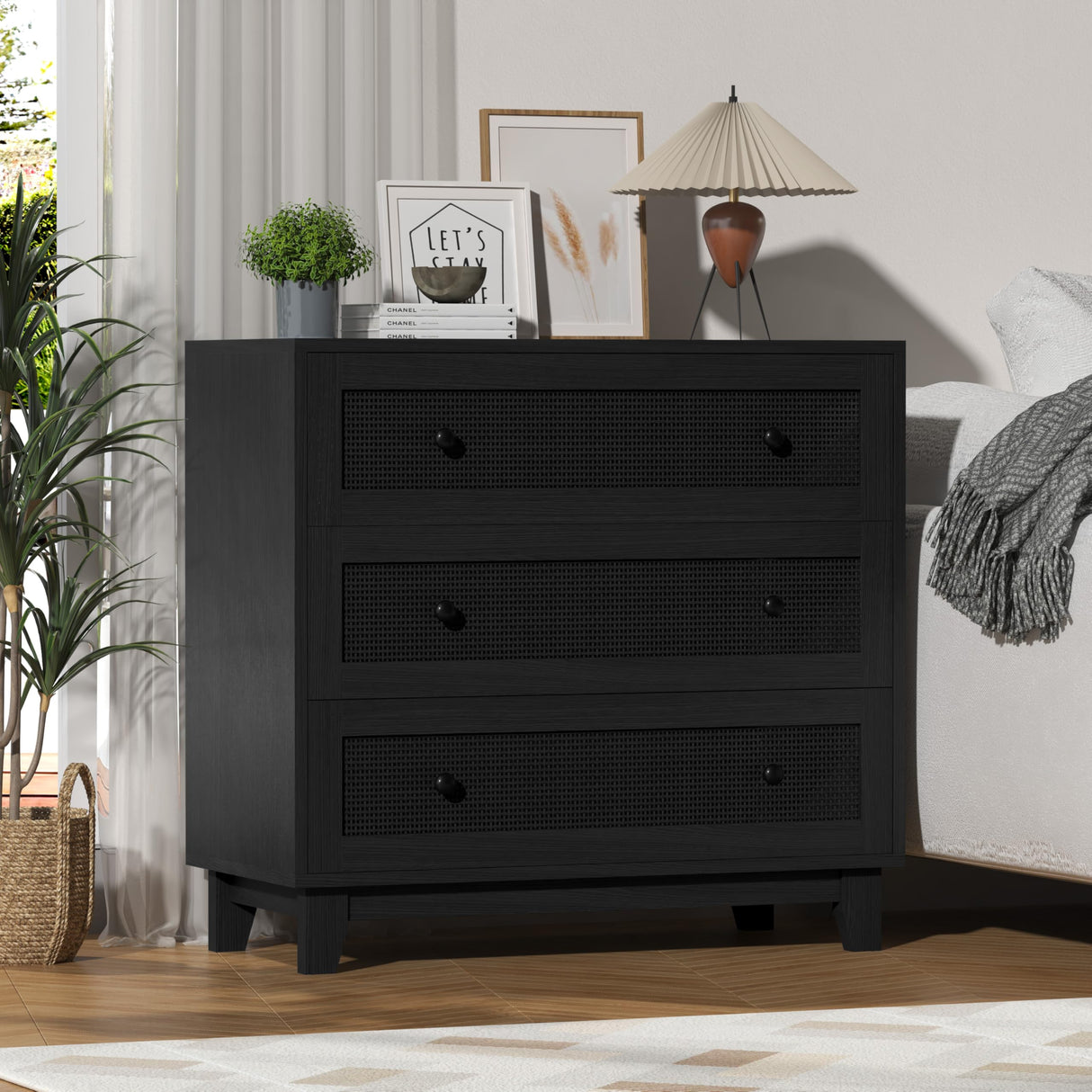Boonatu Rattan & Wooden 3-Drawer Dresser for Bedroom, Short Chests of Drawers for Clothes Organizer, Durable Nightstand with Ample Storage, Farmhouse Boho Side Table for Hallway Boonatu