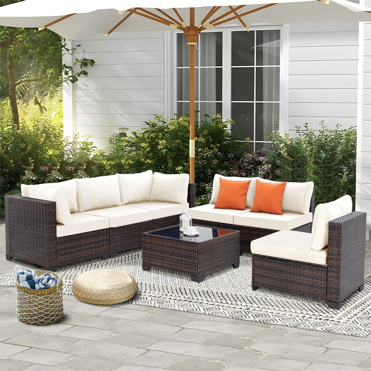 FHFO 7 Piece Outdoor Wicker Patio Furniture Set, Rattan Sectional Sofa Couch, Patio Conversation Set with Cushion & Coffee Table, for Backyard Poolside Porch Garden, Brown-Beige FHFO