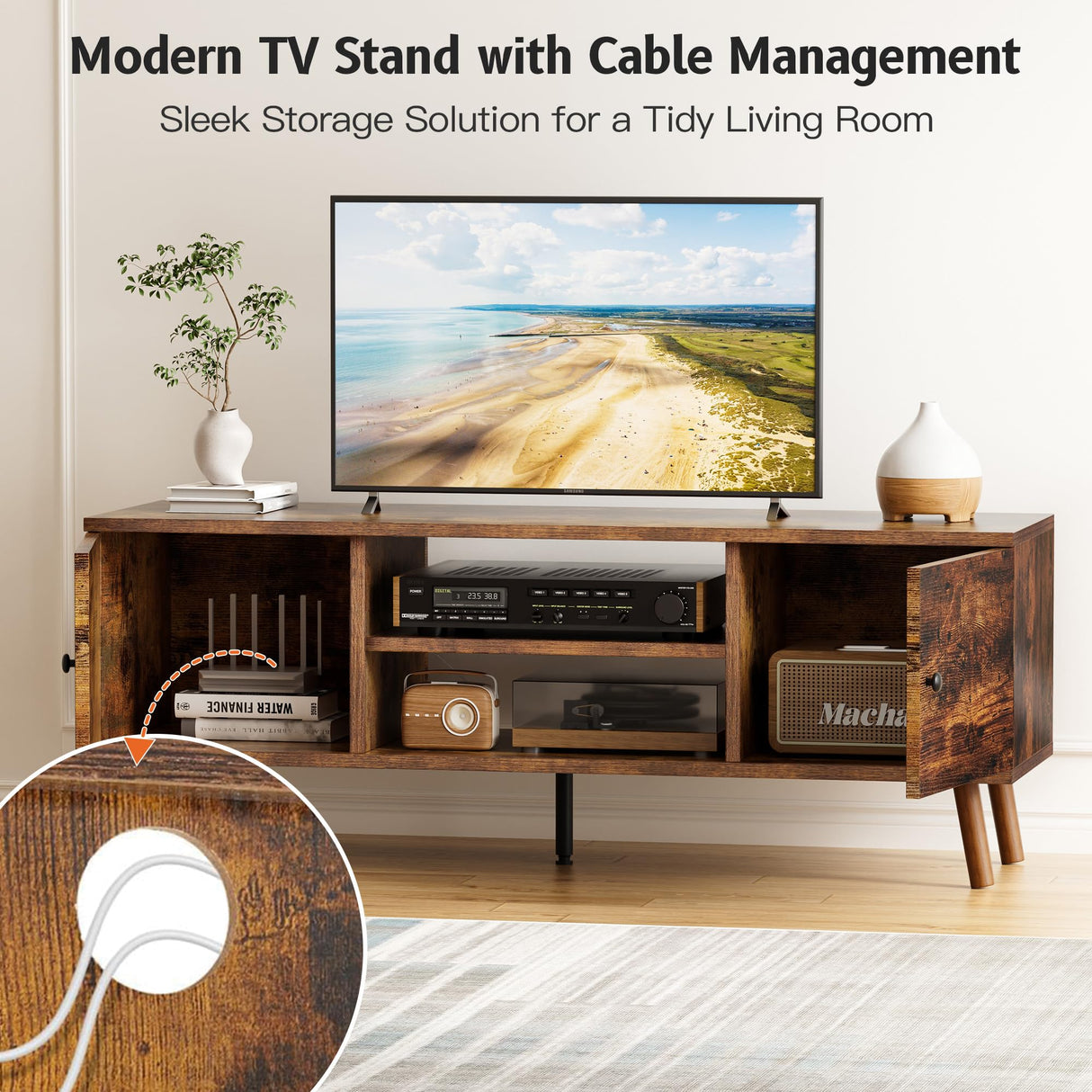 YSSOA TV Stand for 55 60 inch Living Room, 2 Cabinet Media Console Table, Entertainment Center with Storage, Soft Hinge Door with Handle, Wood Feet, Bedroom Furniture-Brown YSSOA