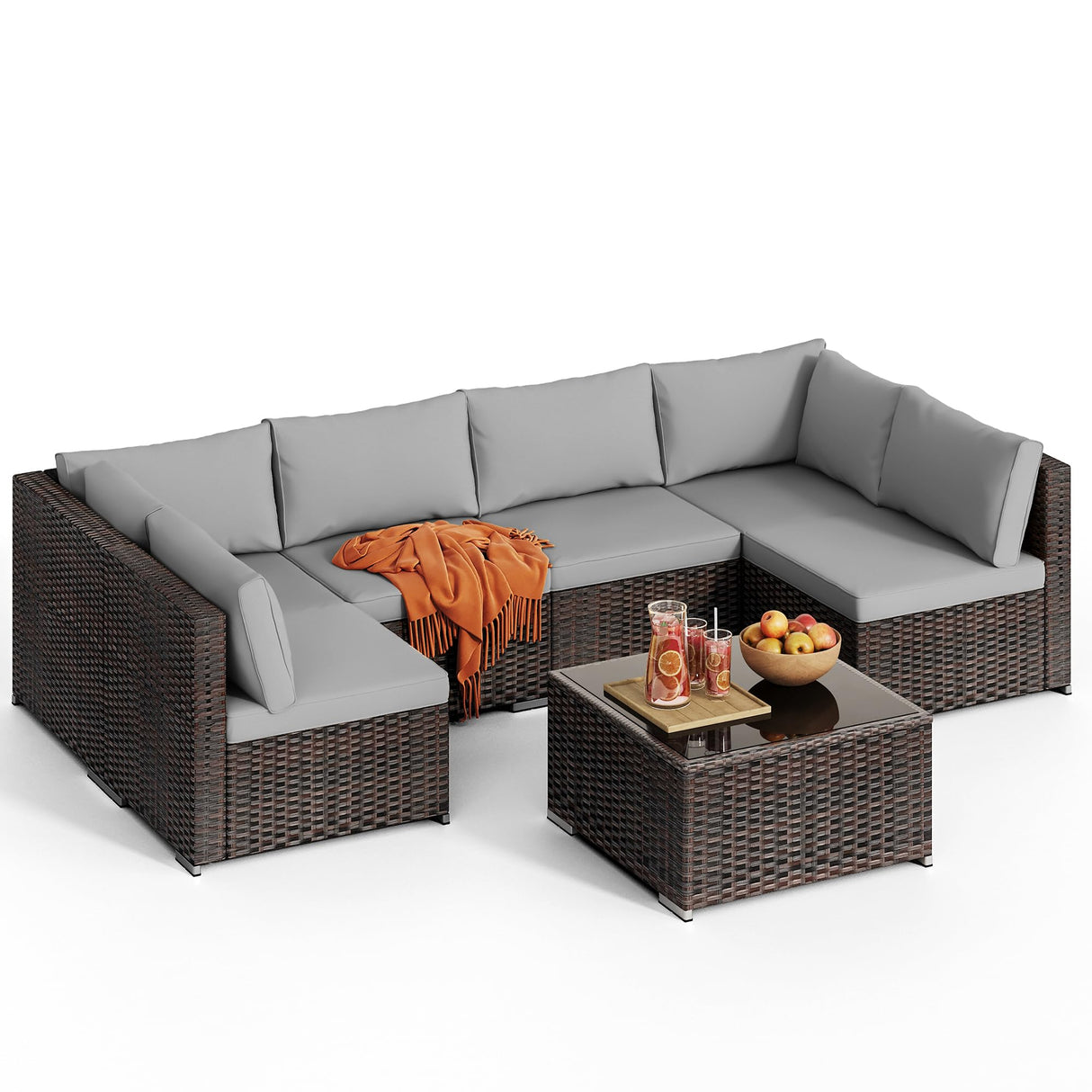 Qsun 7 Pieces Patio Furniture Set, Outdoor Sectional Rattan Sofa Set, Wicker Patio Conversation Set with Cushions and Glass Coffee Table, for Balcony, Porch, Garden, Grey Qsun