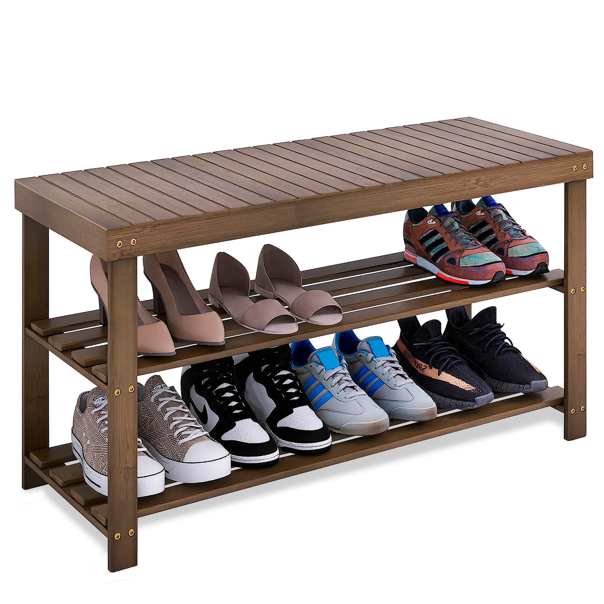 SMIBUY Bamboo Shoe Rack Bench, 3-Tier Shoe Organizer Storage Shelf for Entryway Hallway Bathroom Living Room (Walnut) SMIBUY