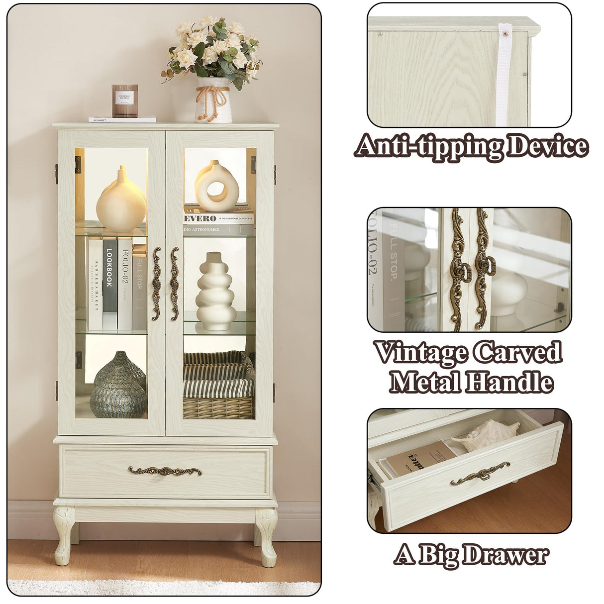 nifoti 51" H Lighted Curio Cabinet Display Case, Glass Curio Cabinet with Adjustable Shelves,Tempered Glass Door and Drawer, Wooden Cabinets w/Mirrored Back Pane for Living Room (Antique White) nifoti