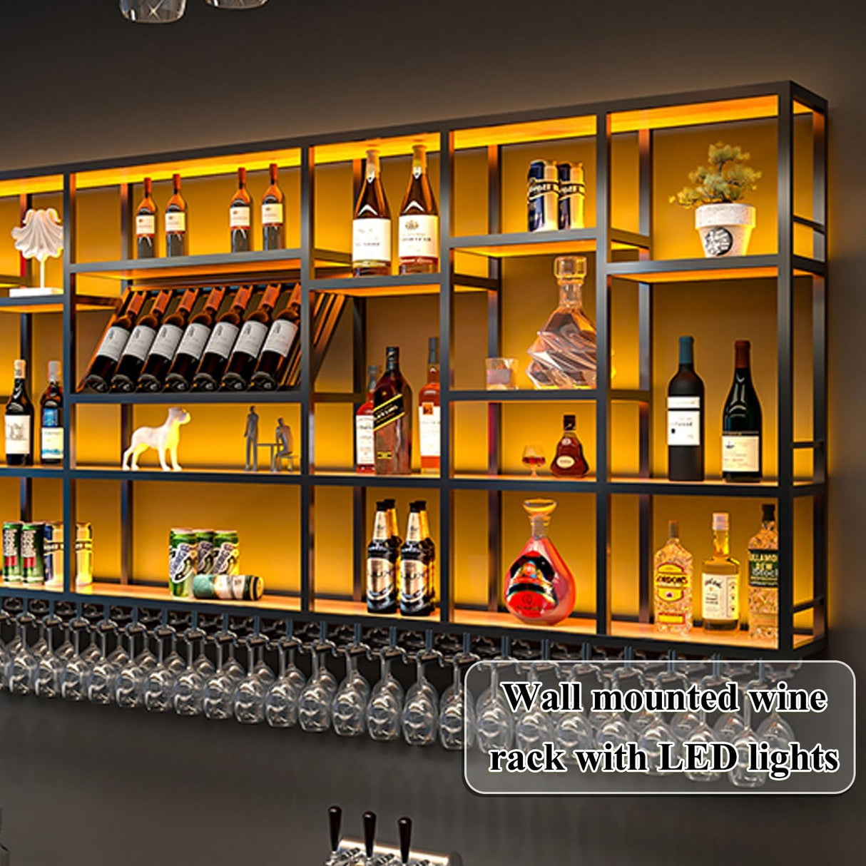 Upgrade Metal Wine Rack Wall Mounted With LED Light Modern,Bar Floating Wall Shelves Iron,Large Wall Mounted Wine Rack Metal For Bar Counter,Floating Shelf,Bar Shelves For Liquor Bottles For Kitchen(G LIHDNGXM