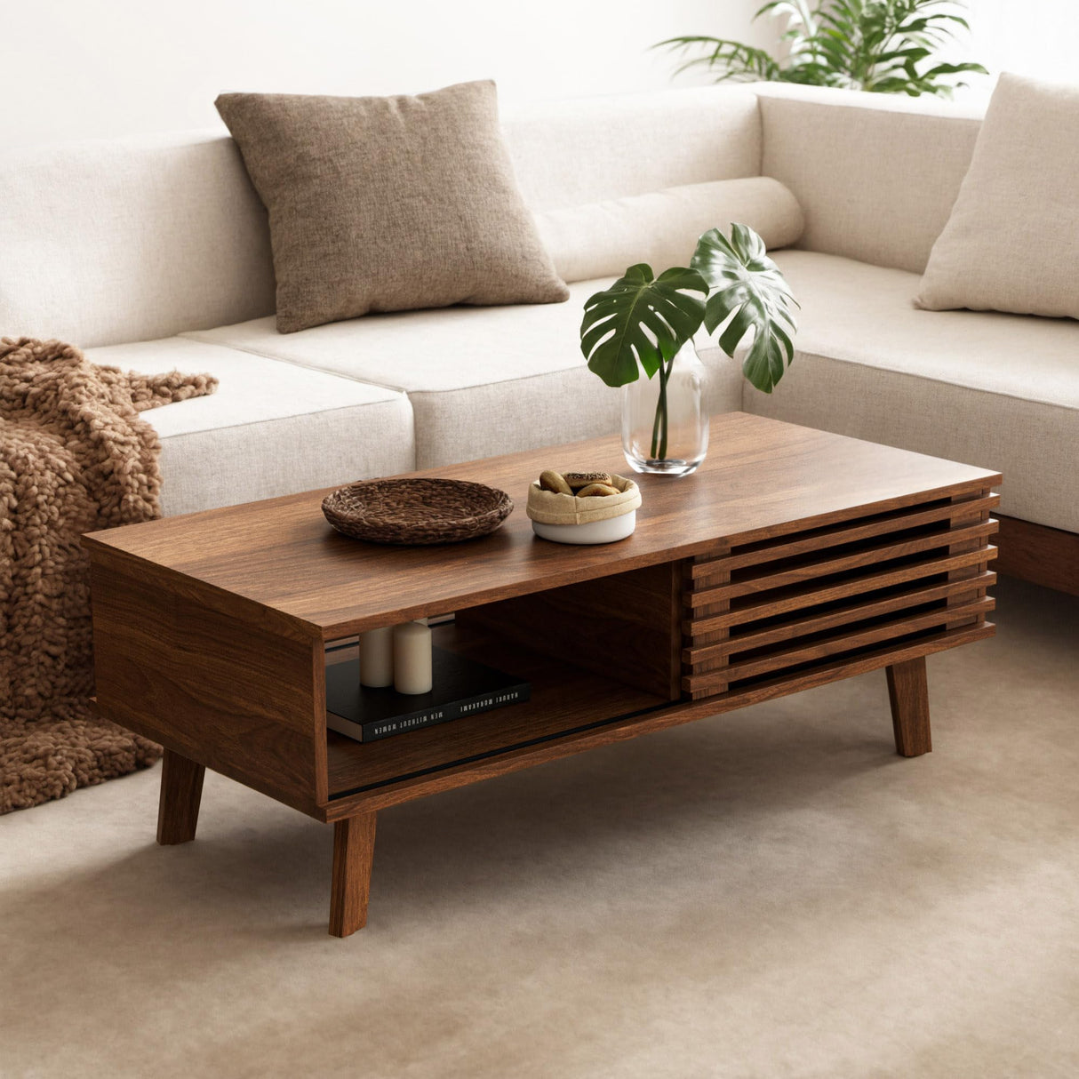 MAISONARIA Mid Century Coffee Table with Storage & Sliding Fence Door, Modern Coffee Tables for Living Room, Walnut Finish MAISONARIA