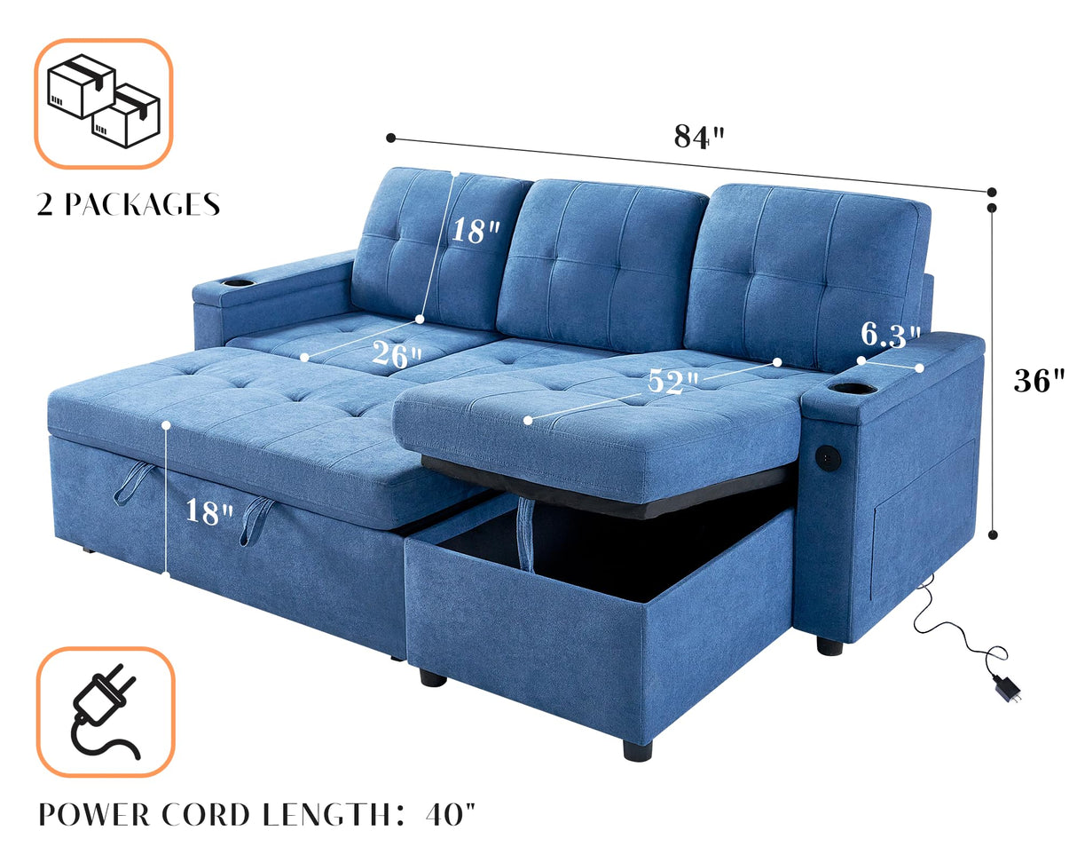 VanAcc Sofa Bed, Multi-Functional Sleeper Sofa with USB Charging Ports & Cup Holders, Pull Out Couch Bed with Storage Chaise, L-Shaped Couches for Living Room (Linen Blue) VanAcc