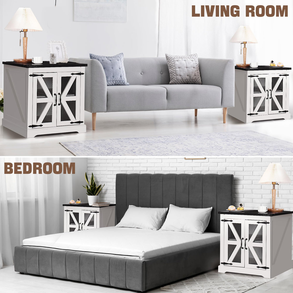 Decofy Farmhouse End Table with Storage Cabinet, 24" Large Sofa Side Table, Industrial Farmhouse Side Table for Living Room, Square Top with Power Outlet, Adjustable Shelves(White) Decofy