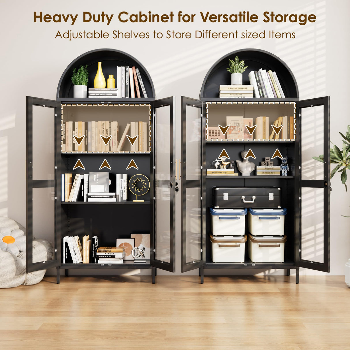 JAORD 73'' H Metal Arched Display Cabinet with Glass Door,Locking Kitchen Pantry Cabinet with Lockable Door and 2 Adjustable Shelves for Home Office, Assembly Required, Black JAORD