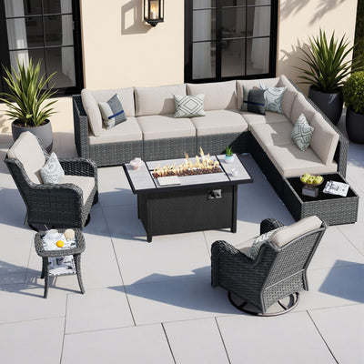 HOOOWOOO Outdoor Patio Furniture with Fire Pit Set 11 Pieces Patio Set with Fire Pit Wicker Outdoor Furniture with Fire Pit Table Set Patio Sectional Set with Swivel Chairs,Beige