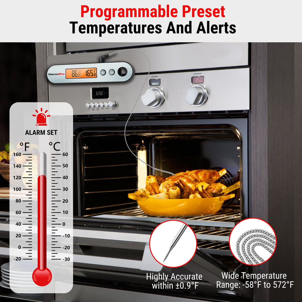 ThermoPro TP610 Digital Meat Thermometer for Cooking, Rechargeable Instant Read Food Thermometer with Rotating LCD Screen, Waterproof Cooking Thermometer with Alarm for Grilling, Smoker, BBQ, Oven ThermoPro