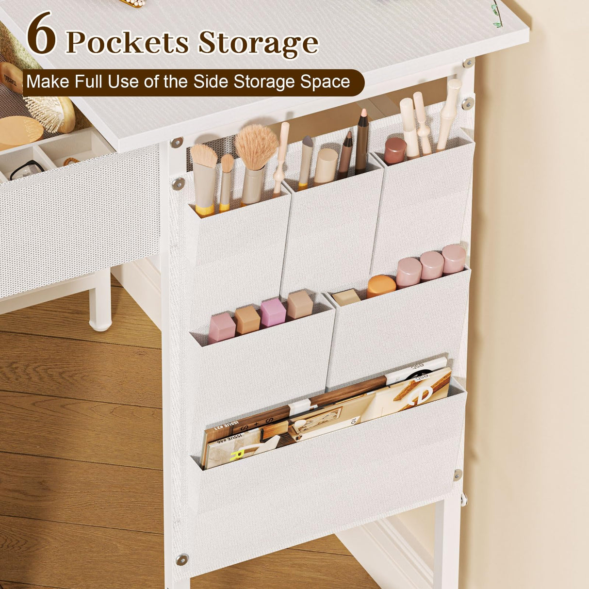 White Vanity Desk with Fabric Drawer, 32 Inch Small Makeup Vanity Desk No Mirror No Chair, Girls Dressing Table with Side Pocket, Modern Vanity Table for Cosmetics, Hair Tools in Bedroom Dressing Room Zuyachuza