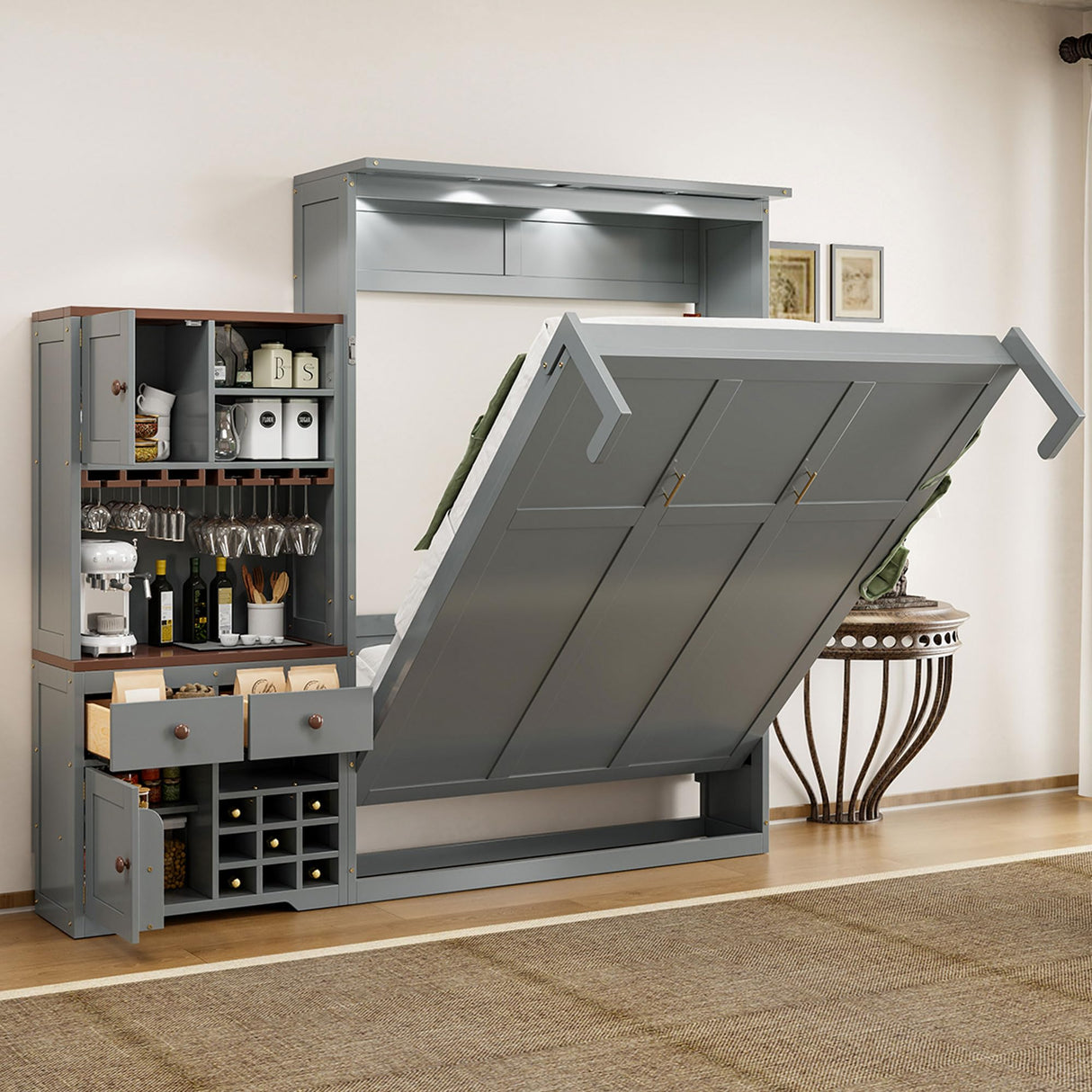 Queen Size Murphy Bed with Storage Cabinet, Wine Rack, Glass Holder, Drawers and Multi-Color LED Strip, Gray Bellemave