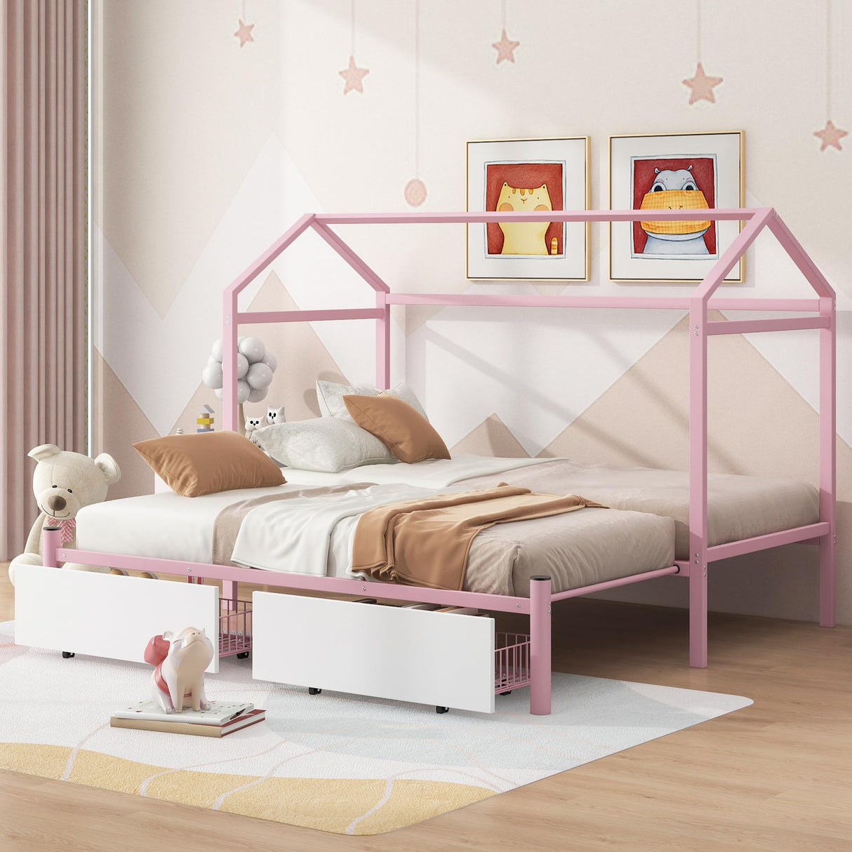 HZSMHDZKJ Twin XL to King Metal Twin Size House Platform Bed with 2 Storage Drawers,Modern Bed Frame with Roof for Kids Teen Girls Boys Bedroom Furniture,No Box Spring Needed (Pink-010, Twin XL) HZSMHDZKJ