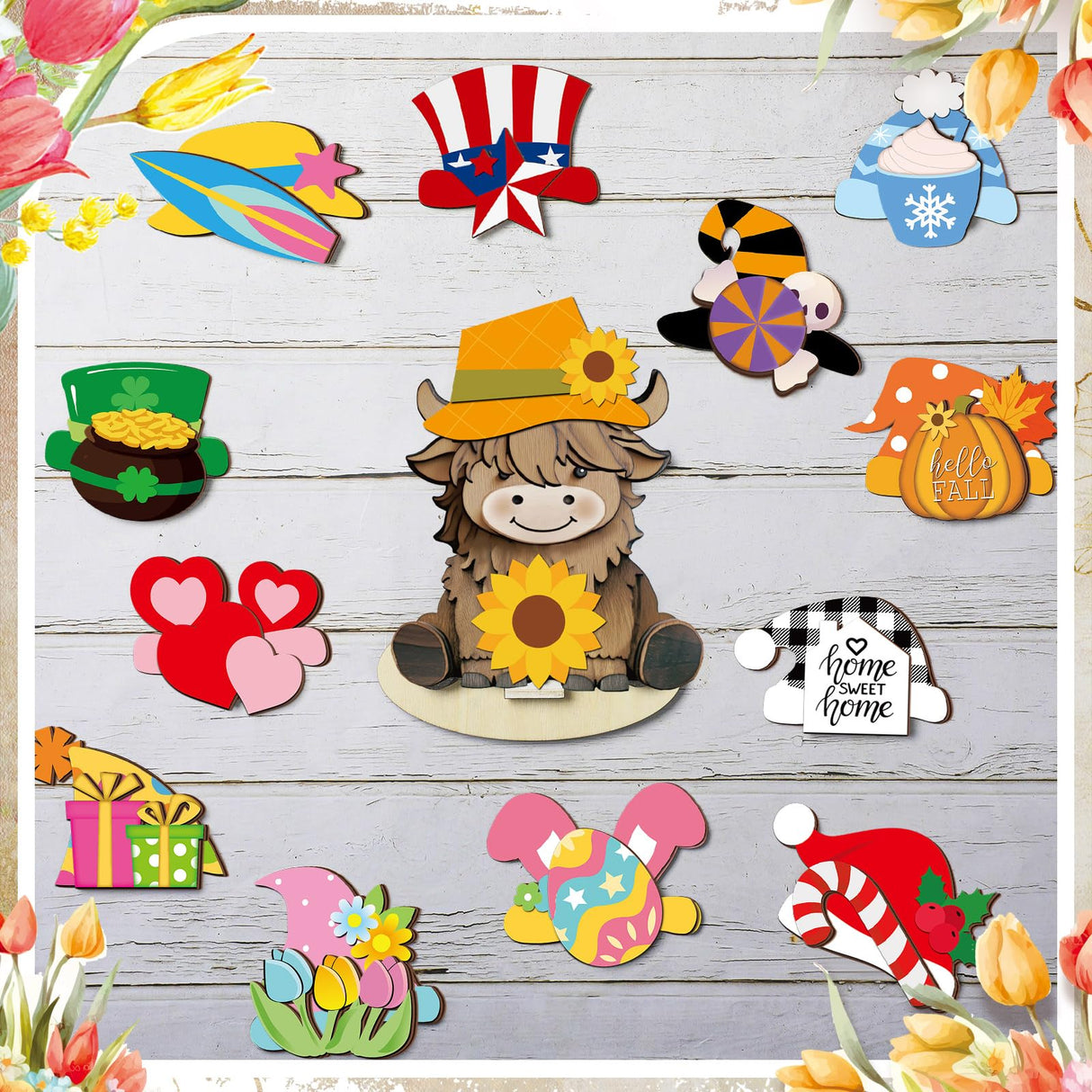 Menkxi Interchangeable Highland Cow Decor Seasonal Wooden Signs Farmhouse Table Centerpiece with Holiday Icon Rustic Cow Tiered Tray Decor Halloween Fall Decorations for Home Office Desk Gift Menkxi